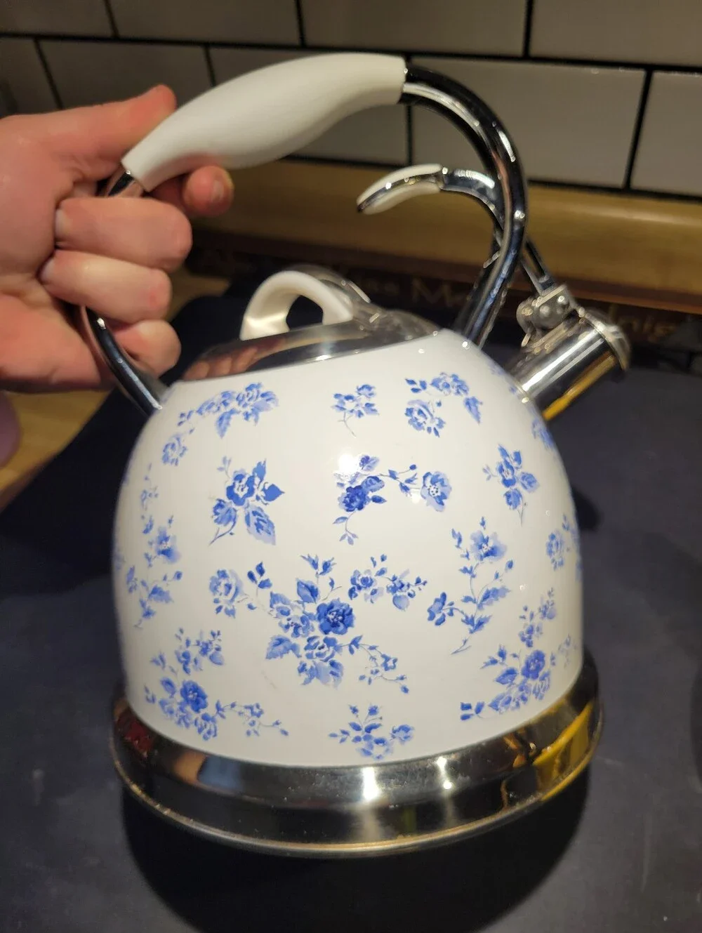 Laura Ashley China Rose Whistling Tea Kettle 10 Cup Stainless Steel Stovetop